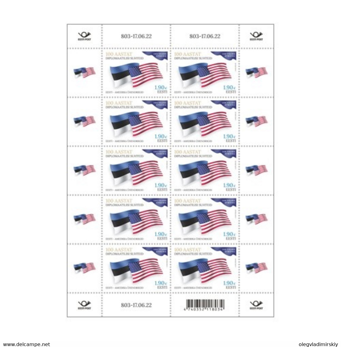Estonia Estland 2022 Estonia USA Diplomatic 100 Ann Sheetlet Mint - Unused Stamps