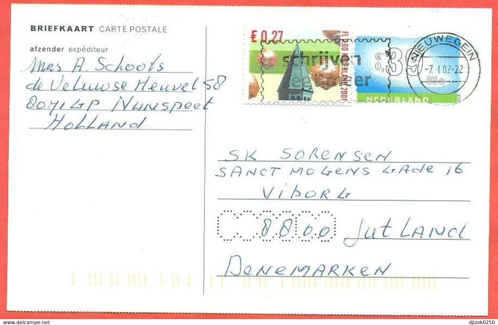 Netherlands  2002. Postcard With Printed Stamp Passed Mail. - Brieven En Documenten