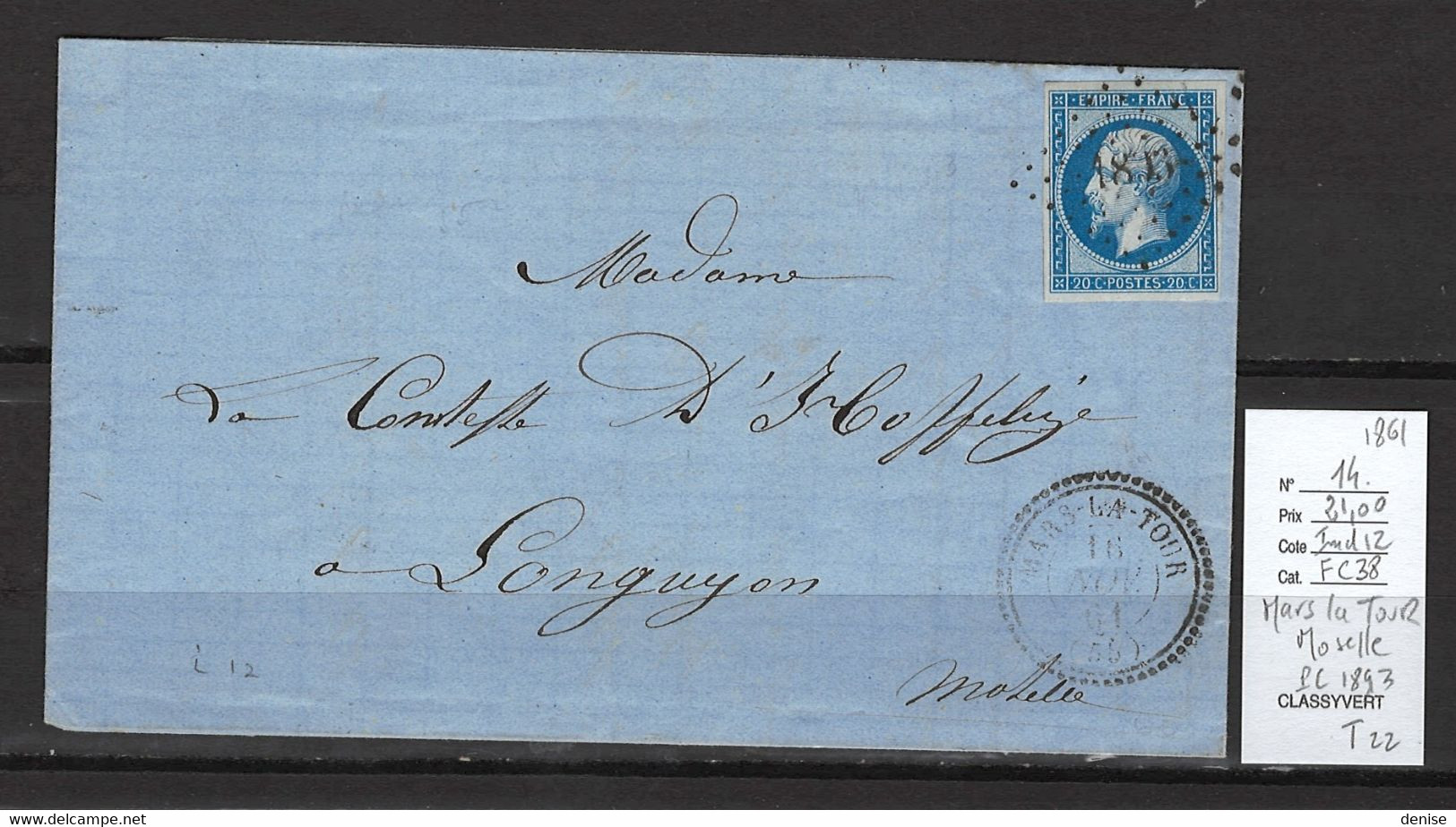 France -Lettre MARS LA TOUR - Moselle - Yvert 14 - Type 22 - 1861 - 1849-1876: Periodo Classico