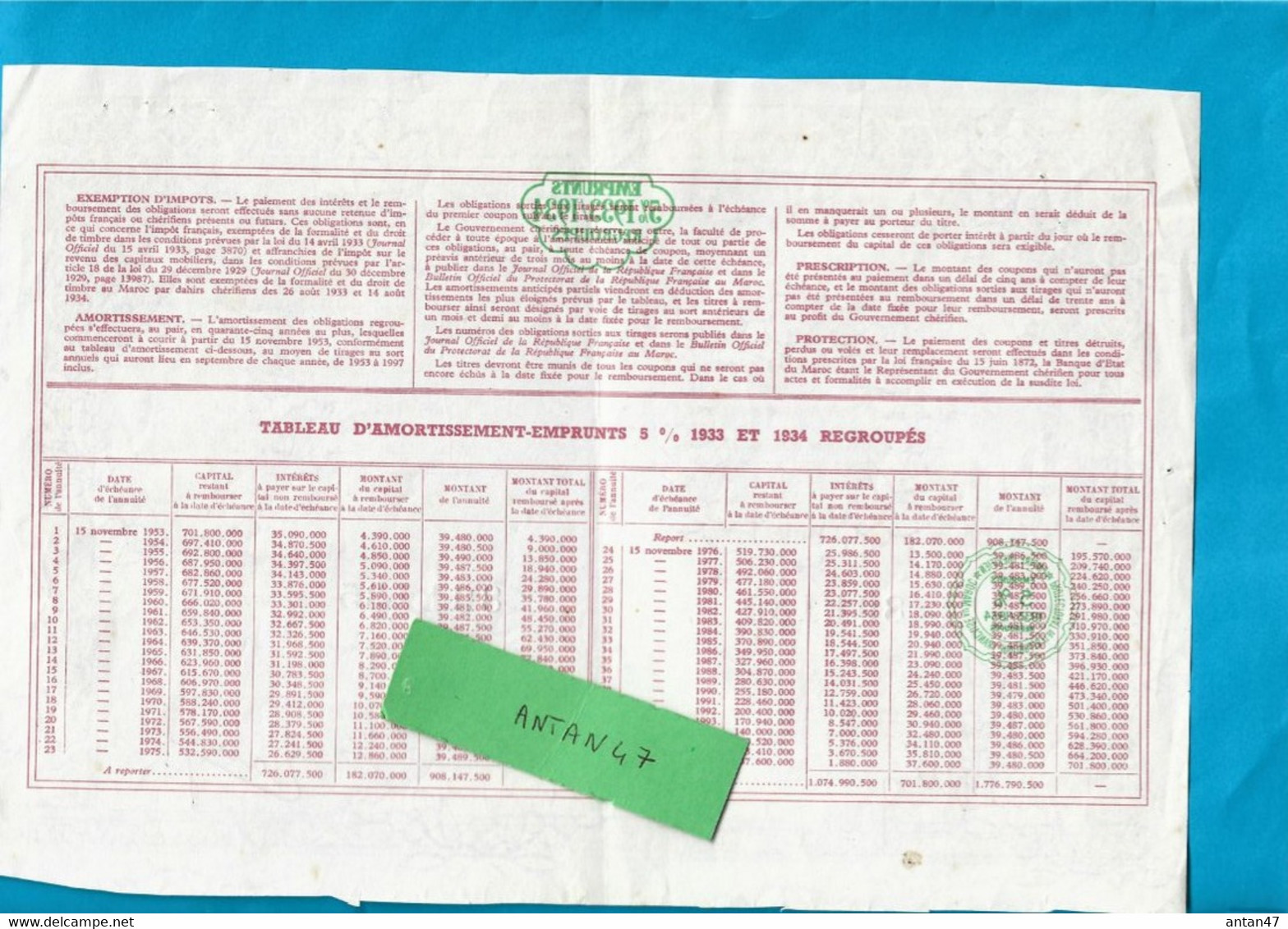 1952 / Actions Obligations / Tableau Amortissement / MAROC Rabat / Empire Chérifien - D - F