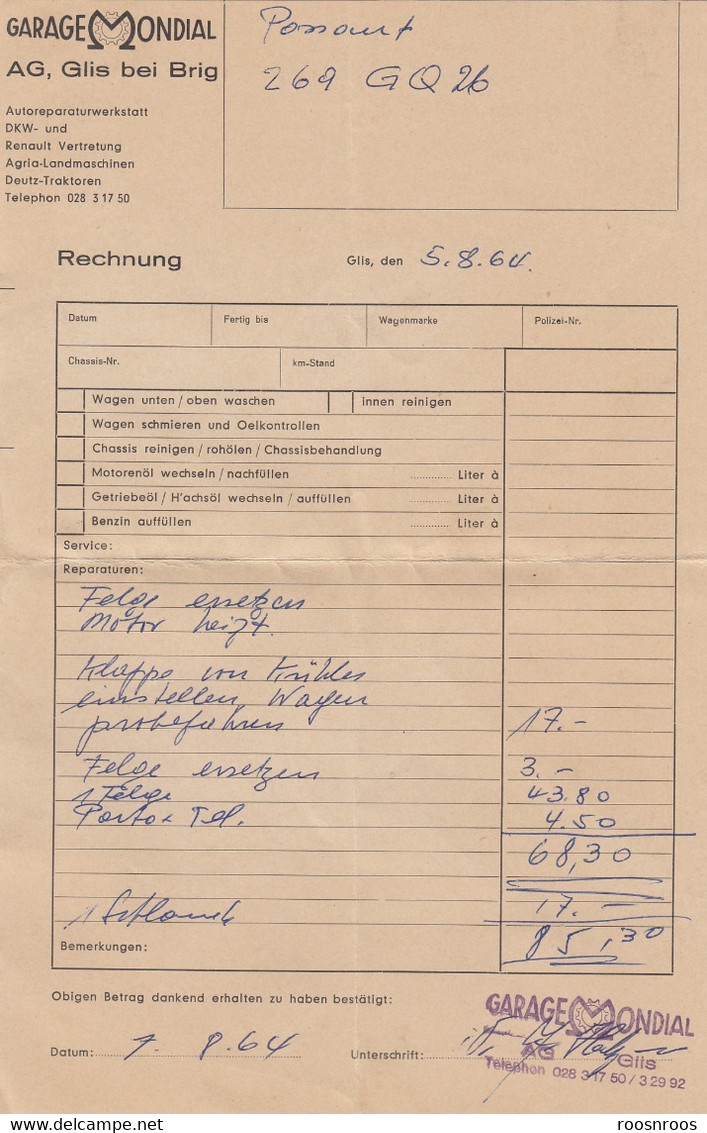 PETITE FACTURE - KLEINE RECHNUNG - GARAGE MONDIAL - GLIS BEI BRIG ALLEMAGNE - 1964 - Cars
