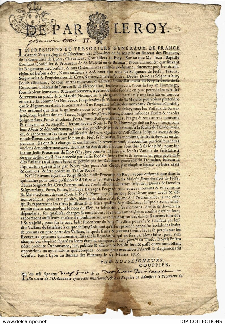 1728 DE PAR LE ROY GENERALITE DE LYON  PROCES VERBAL DE SAISIE AVEC SIGNATURE VOIR SCANS - Algemene Zegels