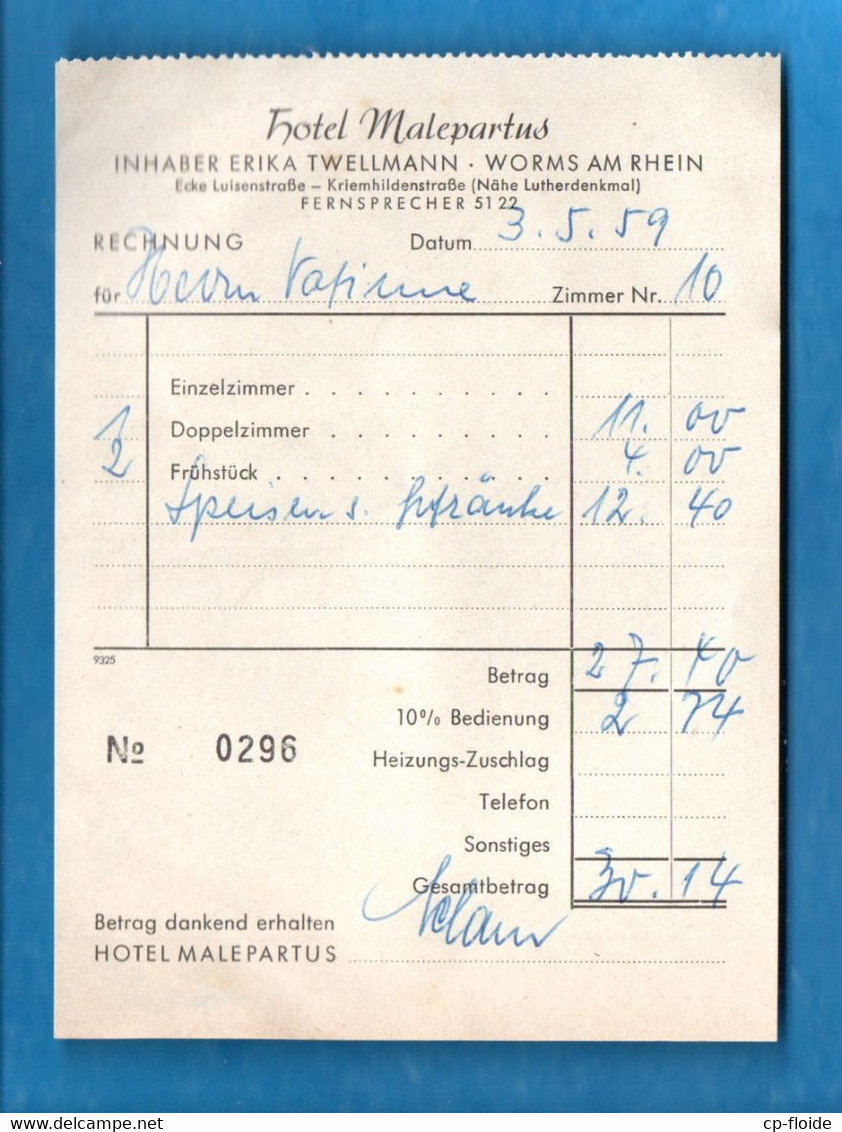 ALLEMAGNE . FACTURE . HOTEL MALEPARTUS . WORMS AM RHEIN 1959 - Réf. N°34196 - - Pays-Bas