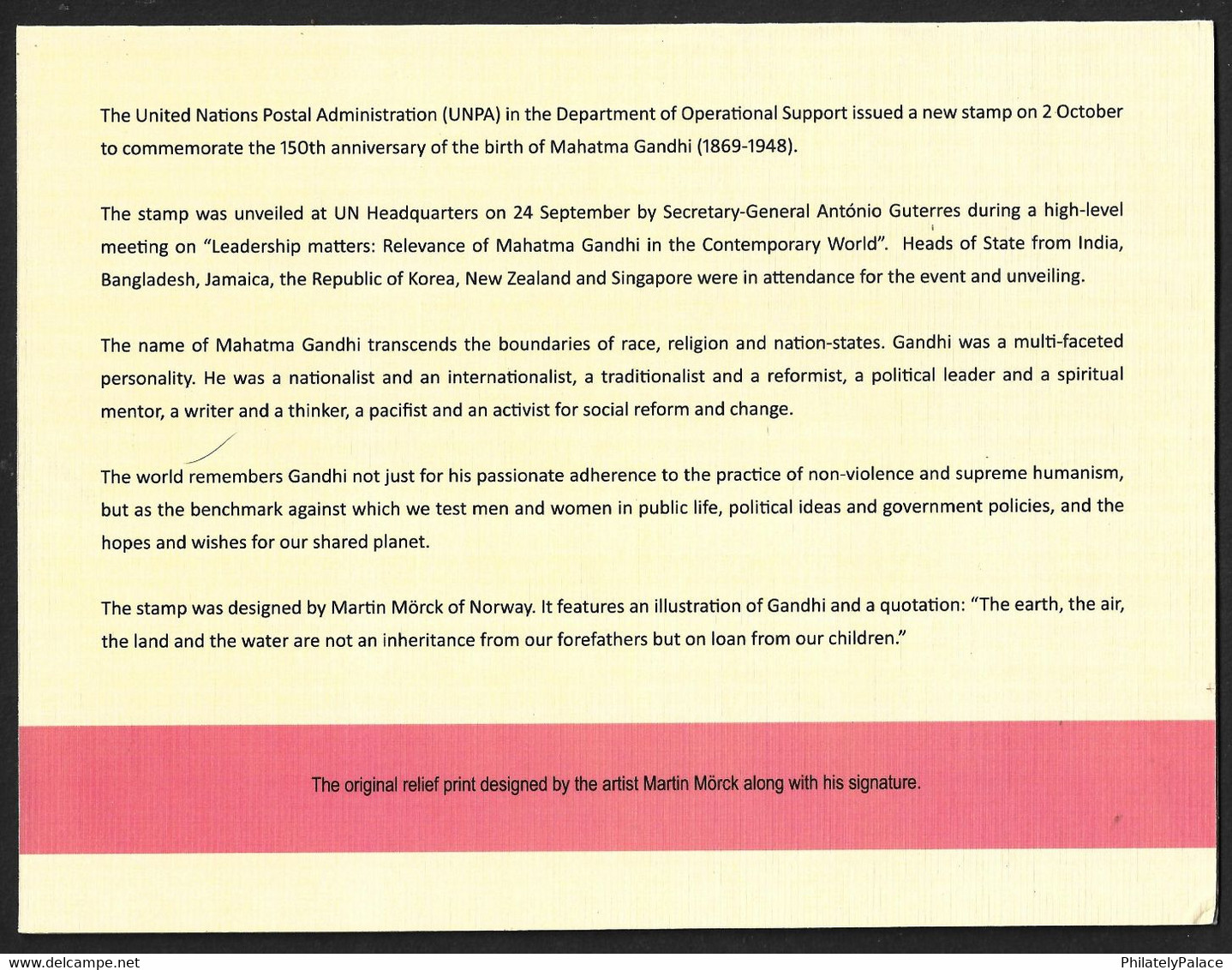 2019 – UN United Nation Mahatma Gandhi Proof Signed By Artist With Maxim Card In Presentation Folder  VERY RARE MNH (**) - Briefe U. Dokumente