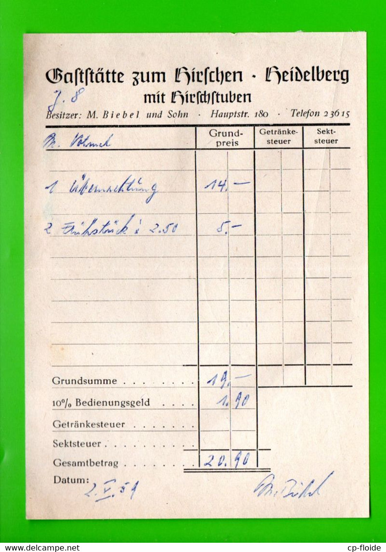 ALLEMAGNE . FACTURE .GASTSTÄTTE ZUM HEISCHEN . HEIDELBERG MIT HIRSCHSTUBEN . 1959 - Réf. N°34197 - - 1950 - ...