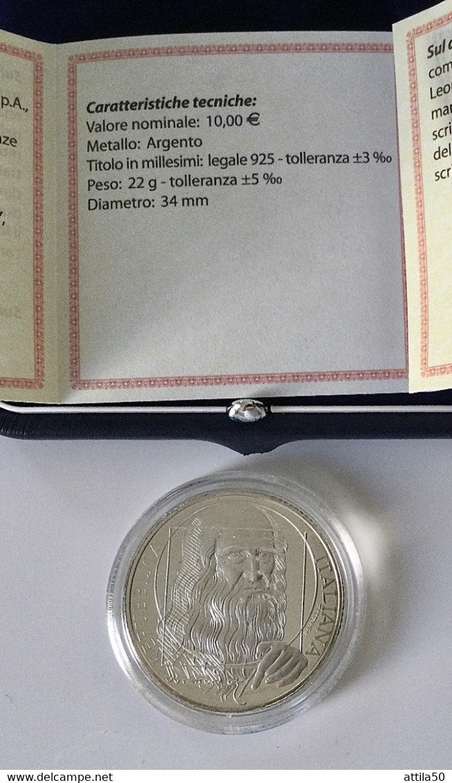 ITALIA - Leonardo Da Vinci - Moneta €10 D’arg. 925/1000 - Gr.22 Diam. Mm.34 - Anno 2006. PROOF. - Mint Sets & Proof Sets