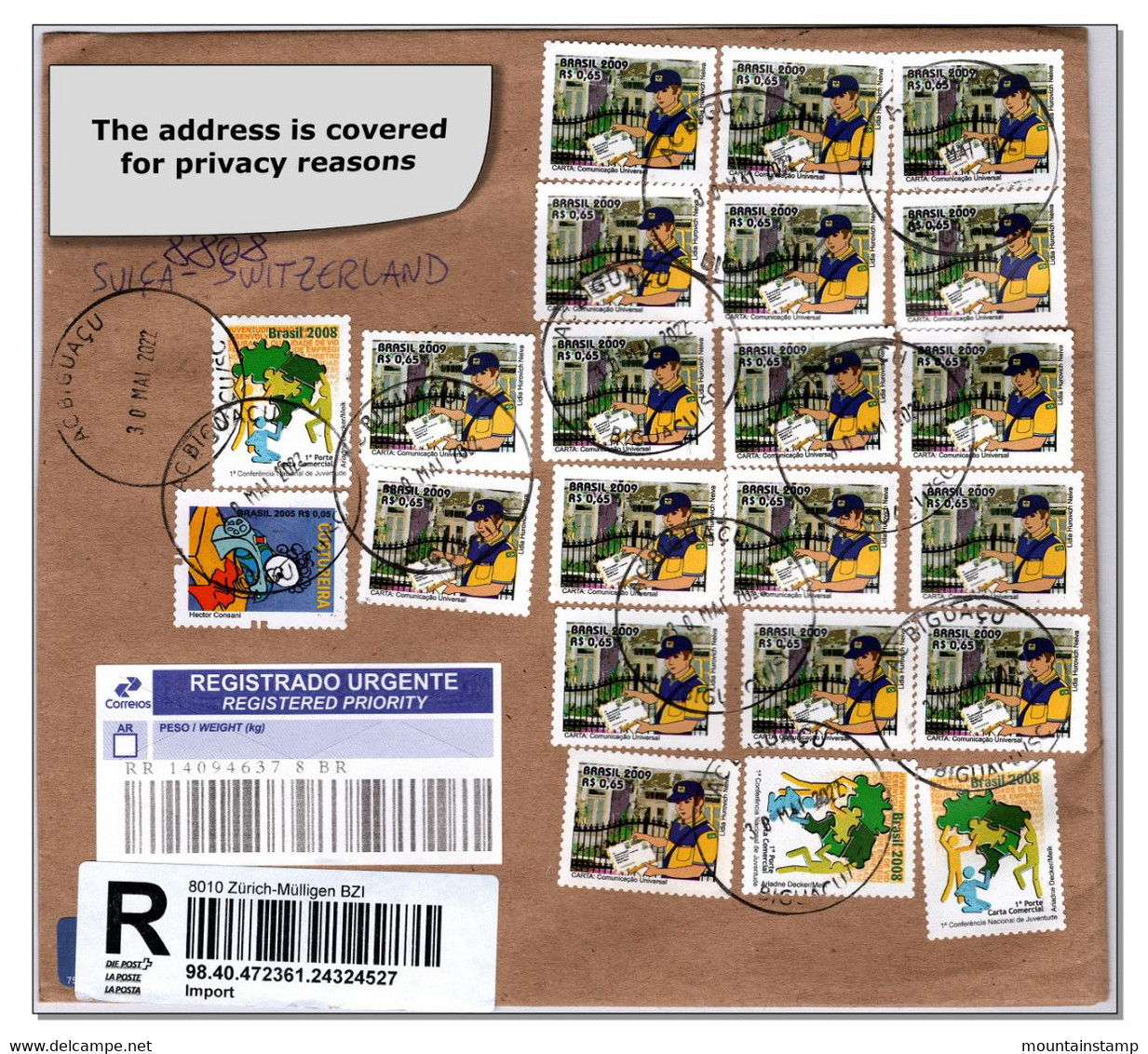 Brasil 2022 (G6) Postman Briefträger Mail Carrier Facteur Registered Cover To Switzerland - Brieven En Documenten