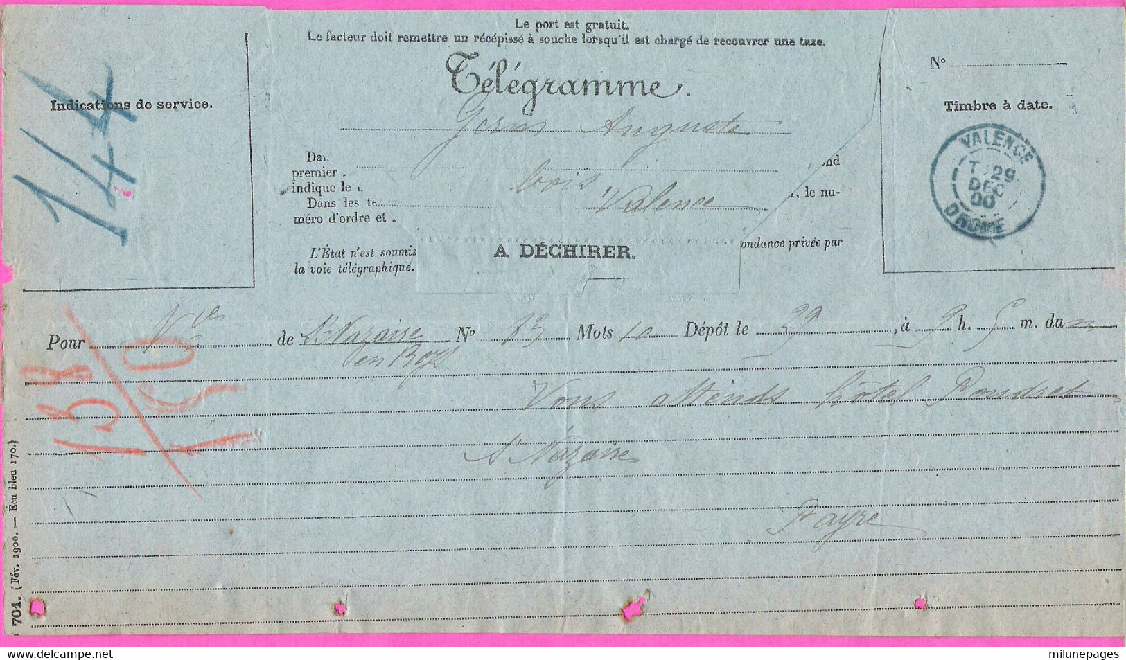 Grand Télégramme De St Nazaire En Royans Pour Valence Càd Type A2 Bleu Du 29 Décembre 1900 - Telegrafi E Telefoni