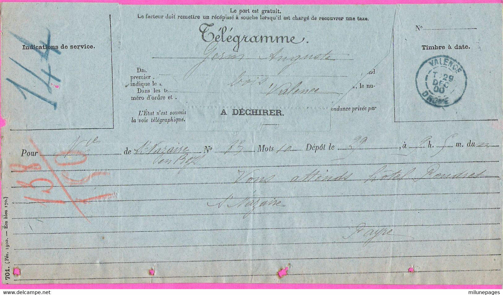 Grand Télégramme De St Nazaire En Royans Pour Valence Càd Type A2 Bleu Du 29 Décembre 1900 - Telegraph And Telephone