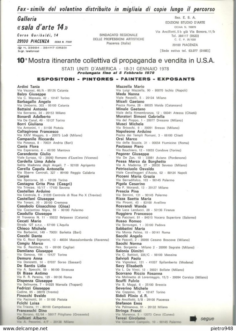 ESA Piacenza "La Nuova Ribalta Artistica" Ed. Speciale, "10^ Mostra Itinerante Collettiva In U.S.A." Gennaio 1978 - Arts, Architecture