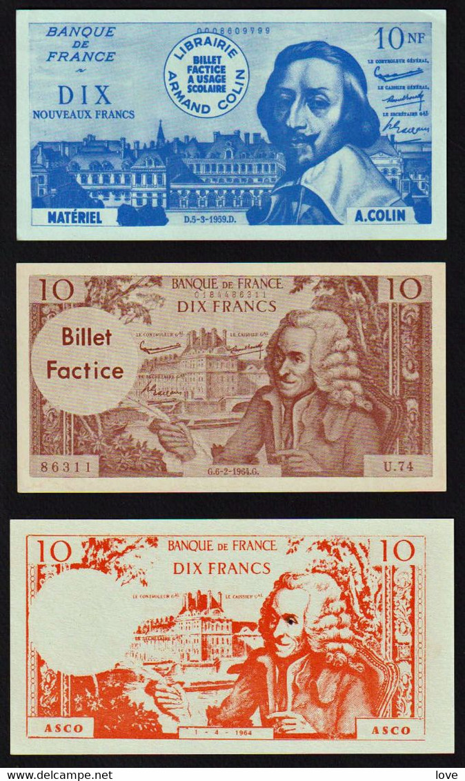 FRANCE: Lot De 3 Billets "Factice" à Usage Scolaire. Date 1959/1964. Etat NEUFS - Fictifs & Spécimens