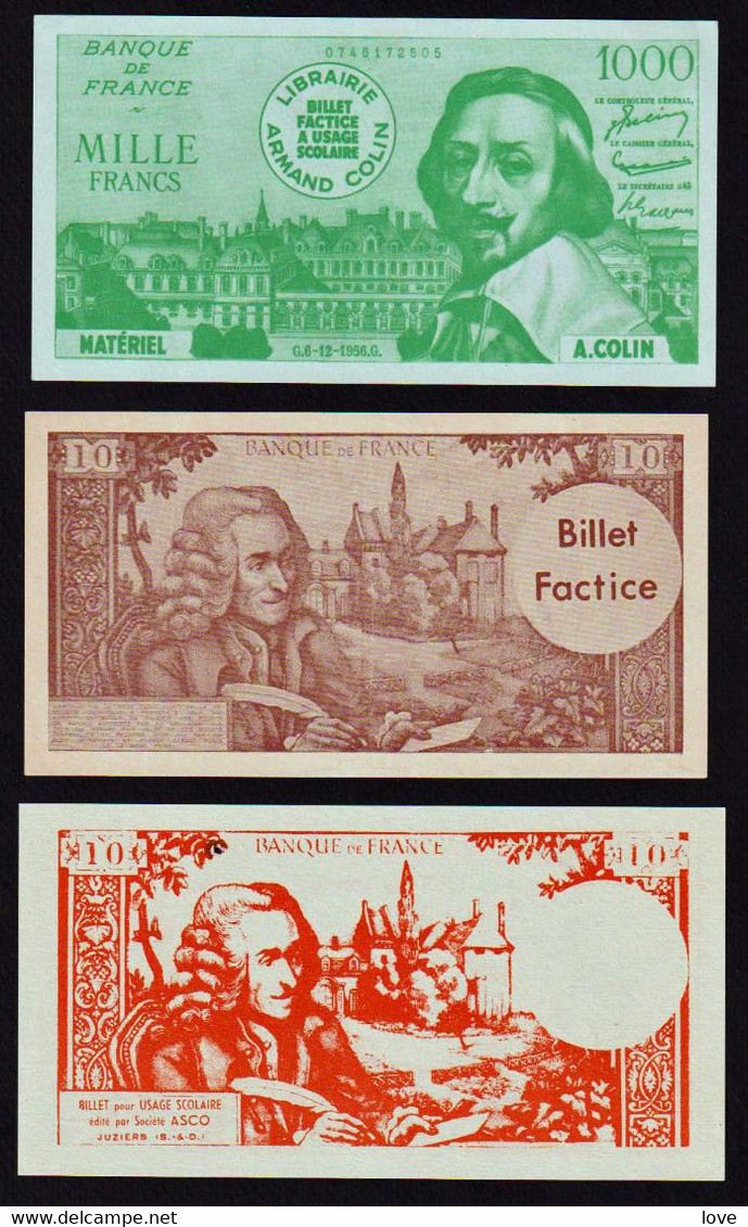 FRANCE: Lot De 3 Billets "Factice" à Usage Scolaire. Date 1959/1964. Etat NEUFS - Ficción & Especímenes