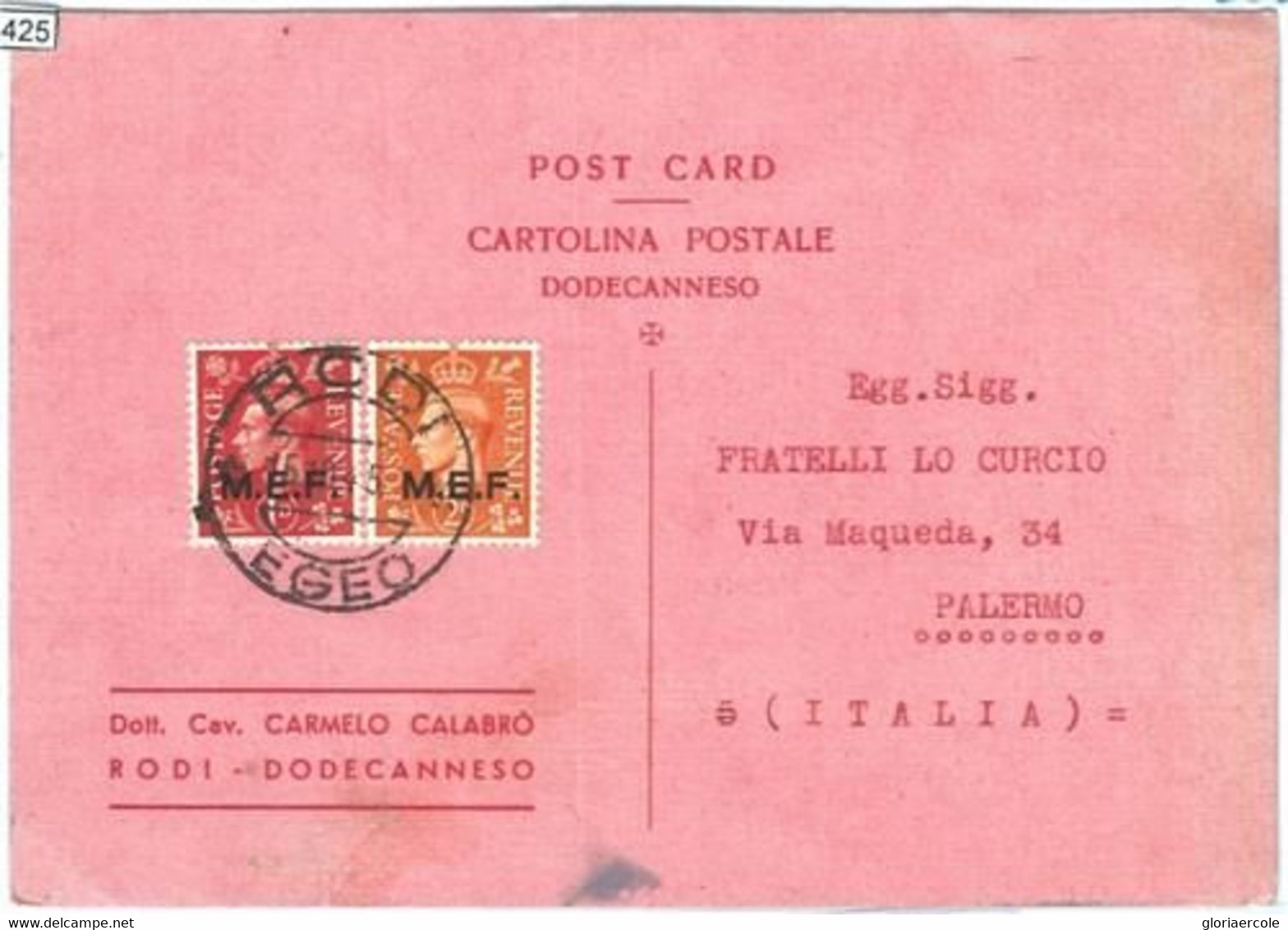 71424 -  Postal History - CARD From  RHODES Dodecanneso With MEF Stamps! 1945 - Dodekanesos