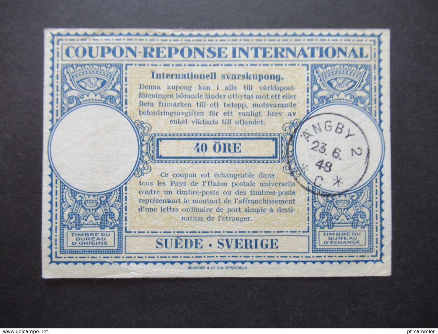 IAS Coupon Reponse International / Internationaler Antwortschein Schweden / Suede / Sverige Stempel Ängby 23.6.1948 - Cartas & Documentos