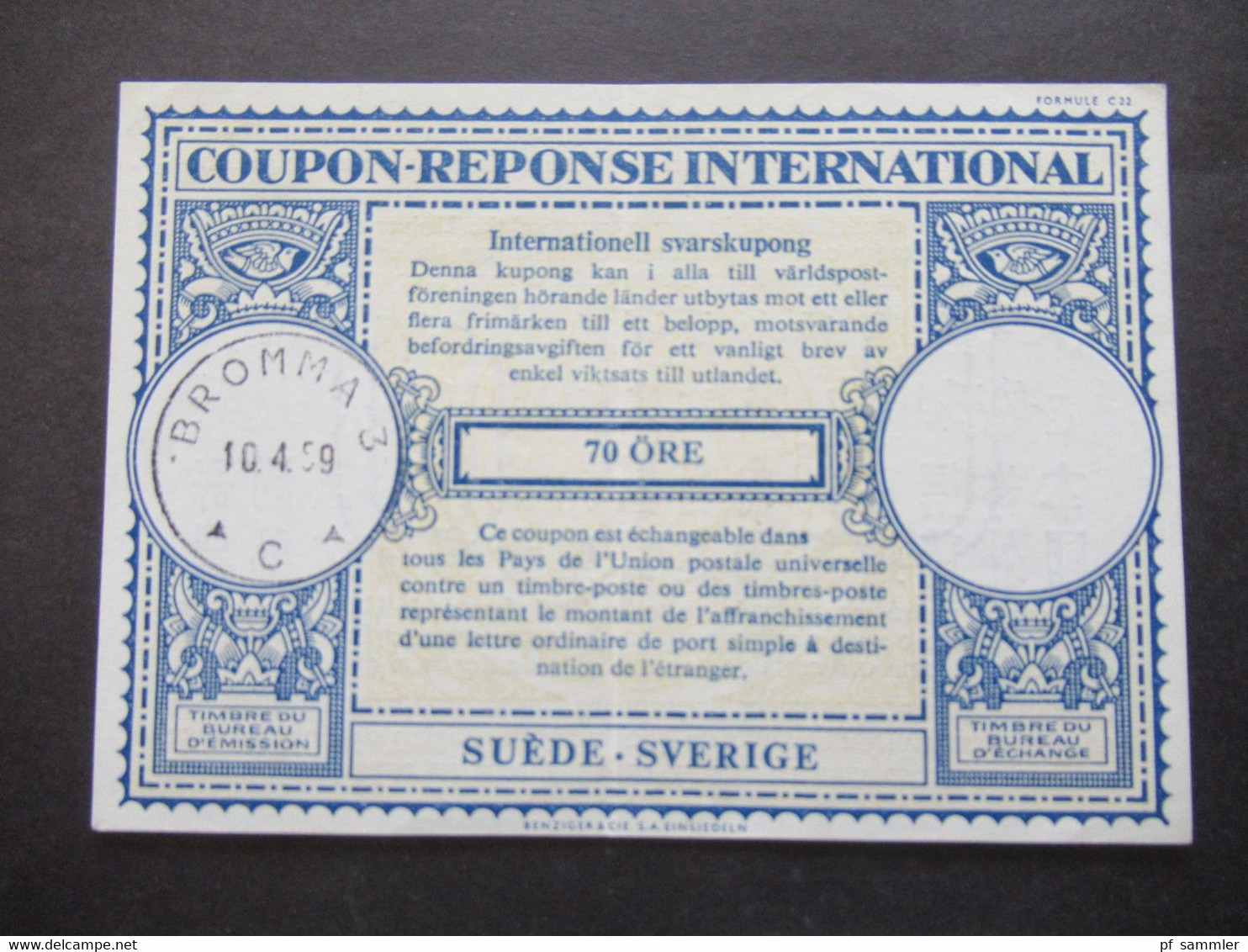 IAS Coupon Reponse International / Internationaler Antwortschein Schweden / Suede / Sverige Stempel 1959 Bromma - Storia Postale