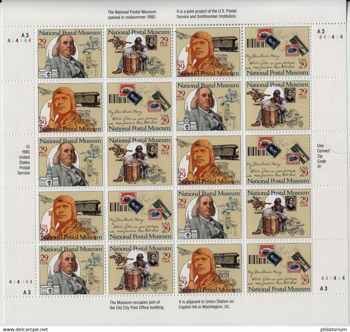 ETATS UNIS; USA; Yv 2182 à 2185; Mi 2390 à 2393; Sn 27779 à 2782; Musée Postal; Feuille De 20 Timbres - Sheets