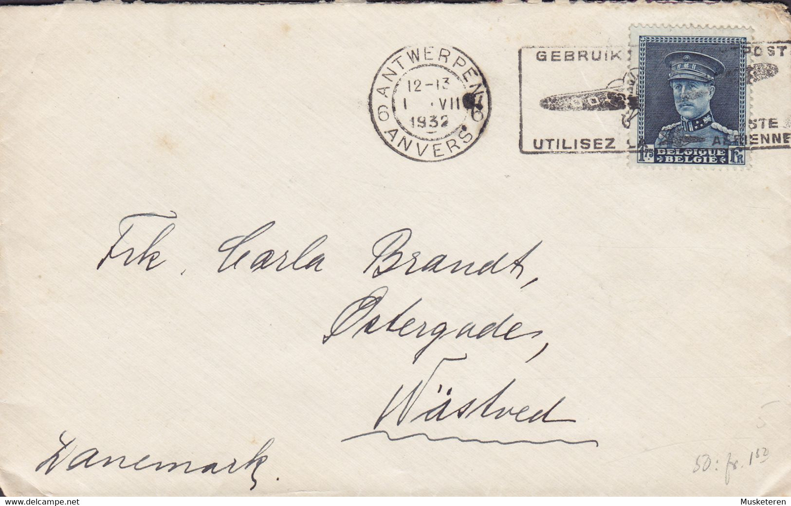 Belgium HANS F. RANDBØLL Flamme 'Utilisez Poste Arienne' ANTWERPEN Anvers 1932 Cover Lettre NÆSTVED Denmark Big Montenez - 1929-1941 Big Montenez