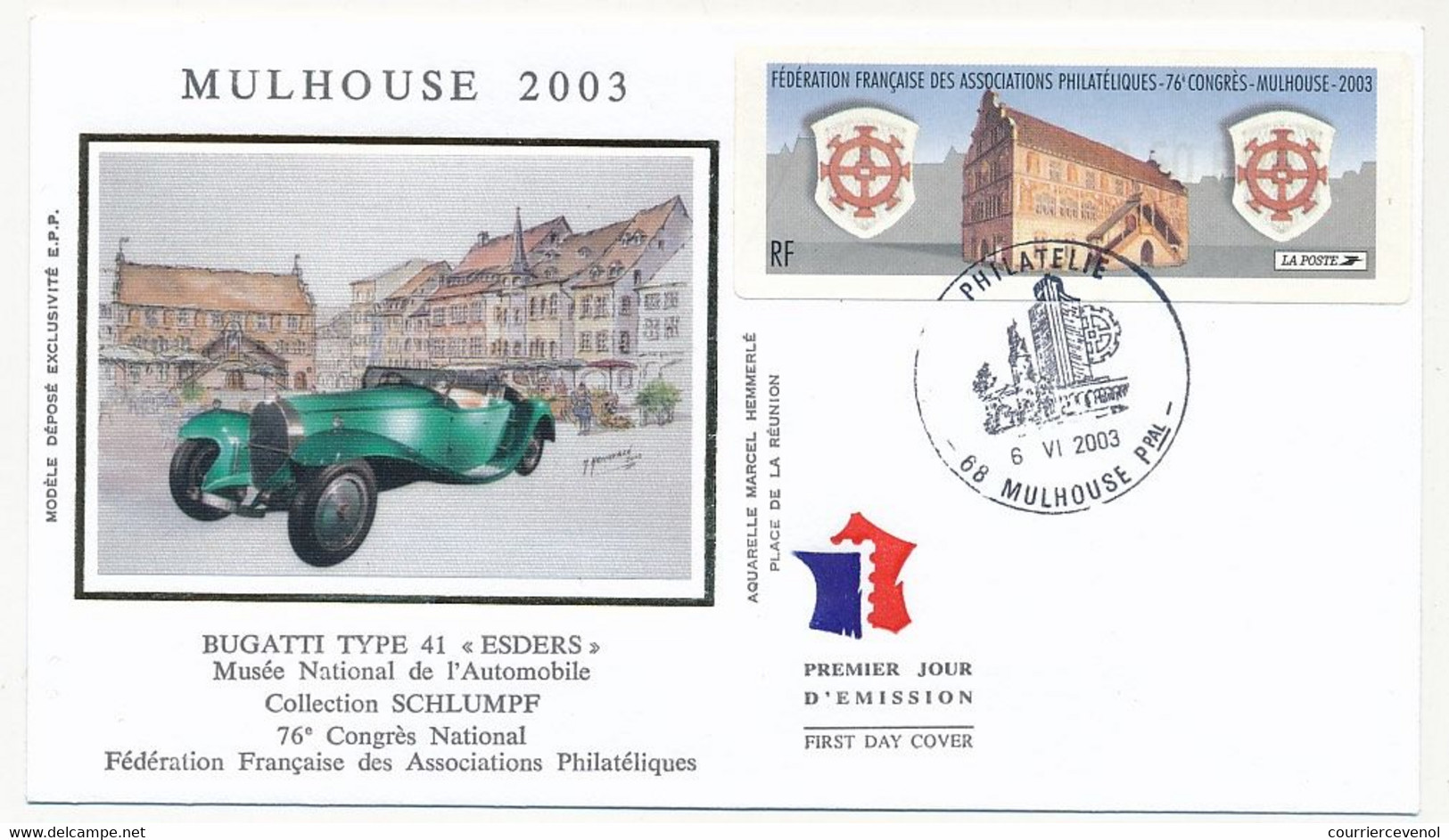 FRANCE - Env. FDC - Vignette D'affranchissement "Mairie De Mulhouse" Enveloppe "Bugatti" - 6/6/2003 - Mulhouse Philat... - 2010-... Illustrated Franking Labels