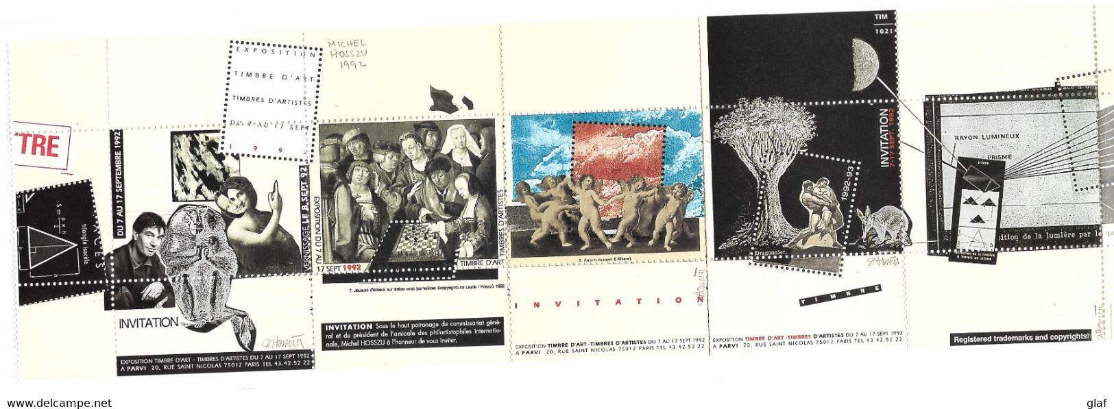 Invitation à L’exposition Timbre D’art – Timbres D’artistes (Paris Septembre 1992) Avec Dépliant De Cinq Vignettes - Blocs & Carnets