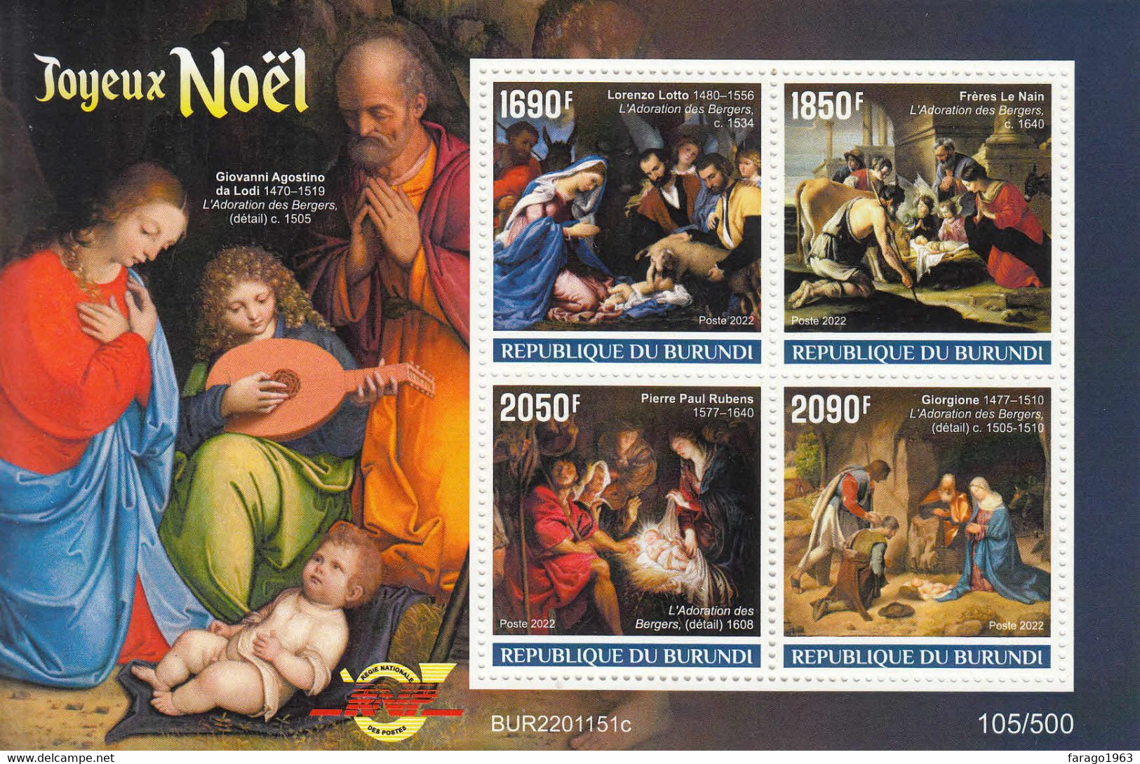 2022 Burundi Christmas Noel Art Rubens  Miniature Sheet Of 4 MNH - Nuevos