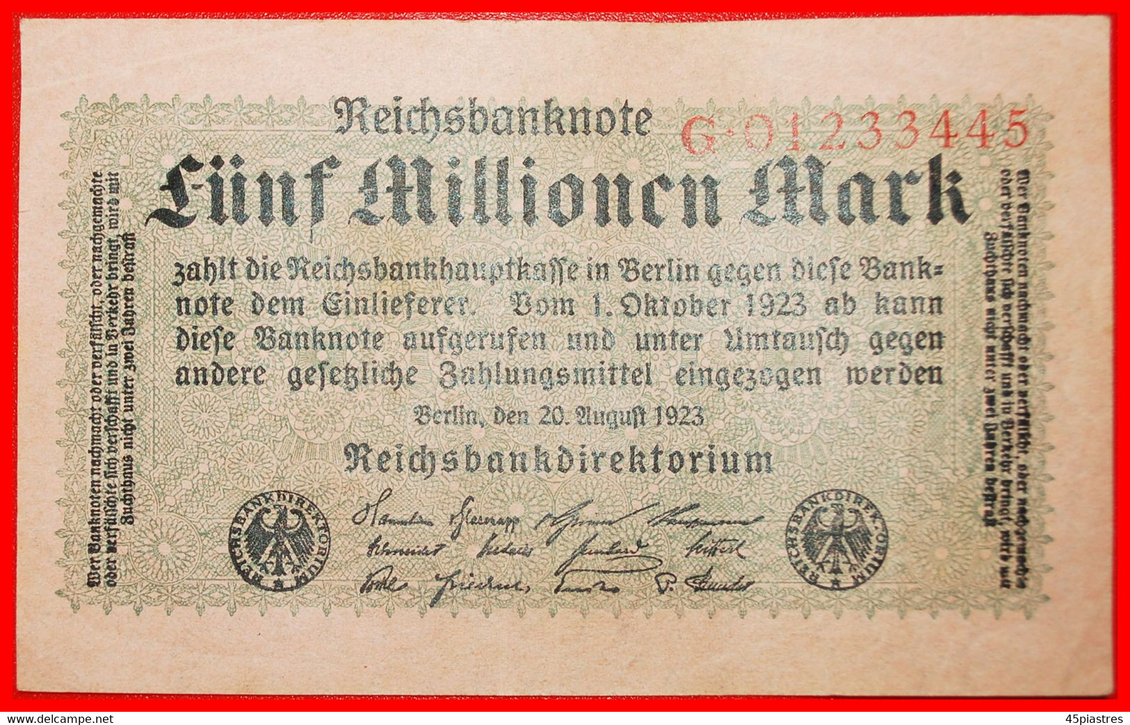 * REICHSBANKNOTE G 01233445: GERMANY ★ 5000000 MARK 1923! CRISP! LOW START ★ NO RESERVE! - 5 Millionen Mark