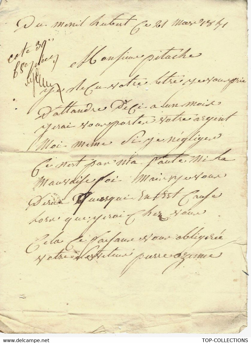 1841 LAC  de Gacé   +cachet ID + autre cachet « M »envoi de  Dumesnil Hubert (Orne)  pour L’Aigle  Orne VOIR TEXTE+ SCAN