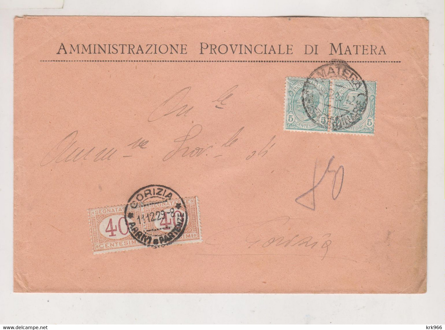ITALY 1929 MATERA Nice Cover To Gorizia Postage Due - Segnatasse