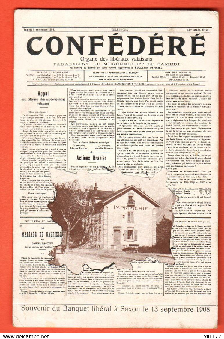 FEA-05 UNIQUE Souvenir Du Banquet Libéral Saxon 13.9.1908 Politique Facsimilé Journal Confédéré Martigny Circulé 1908 - Martigny