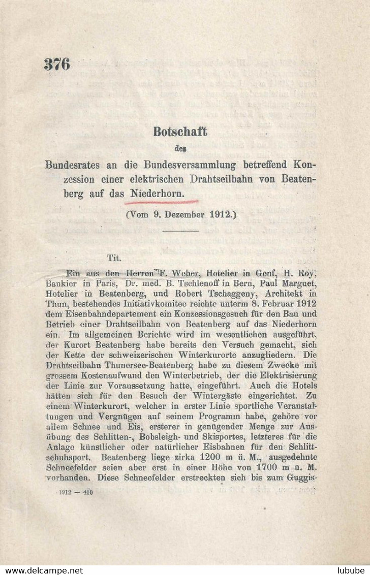 Botschaft  "Konzession Elektr. Drahtseilbahn Beatenberg - Niederhorn"        1912 - Europe