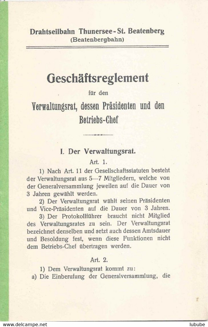 Geschäftsreglement  "Drahtseilbahn Thunersee - St.Beatenberg"  (Definitive Fassung)        1915 - Europe