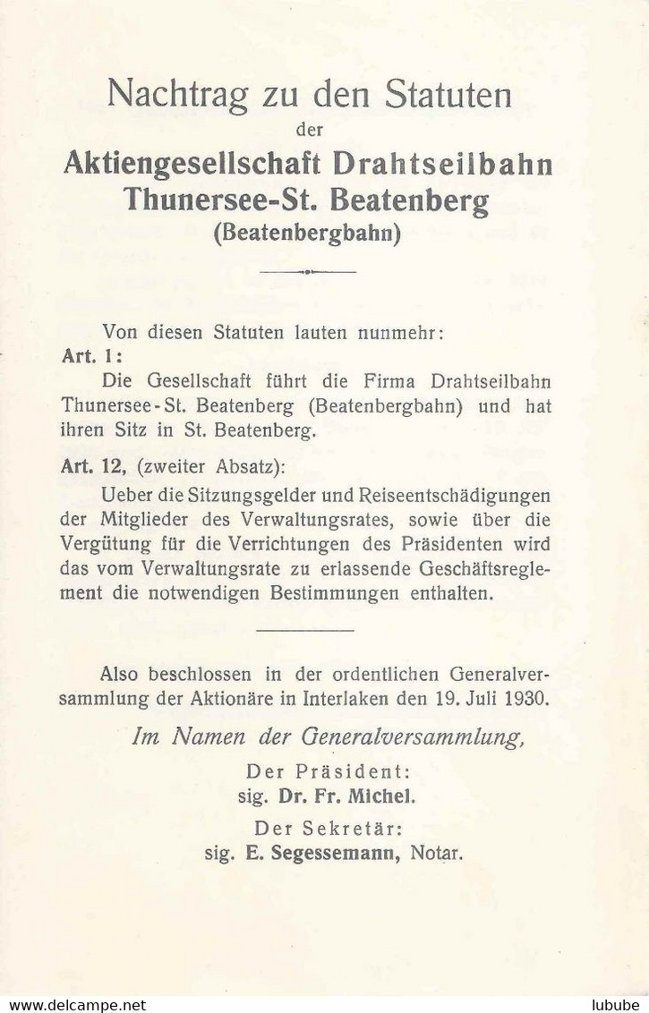 Statuten  "Drahtseilbahn Thunersee - St.Beatenberg"  (Nachtrag)        1930 - Europe