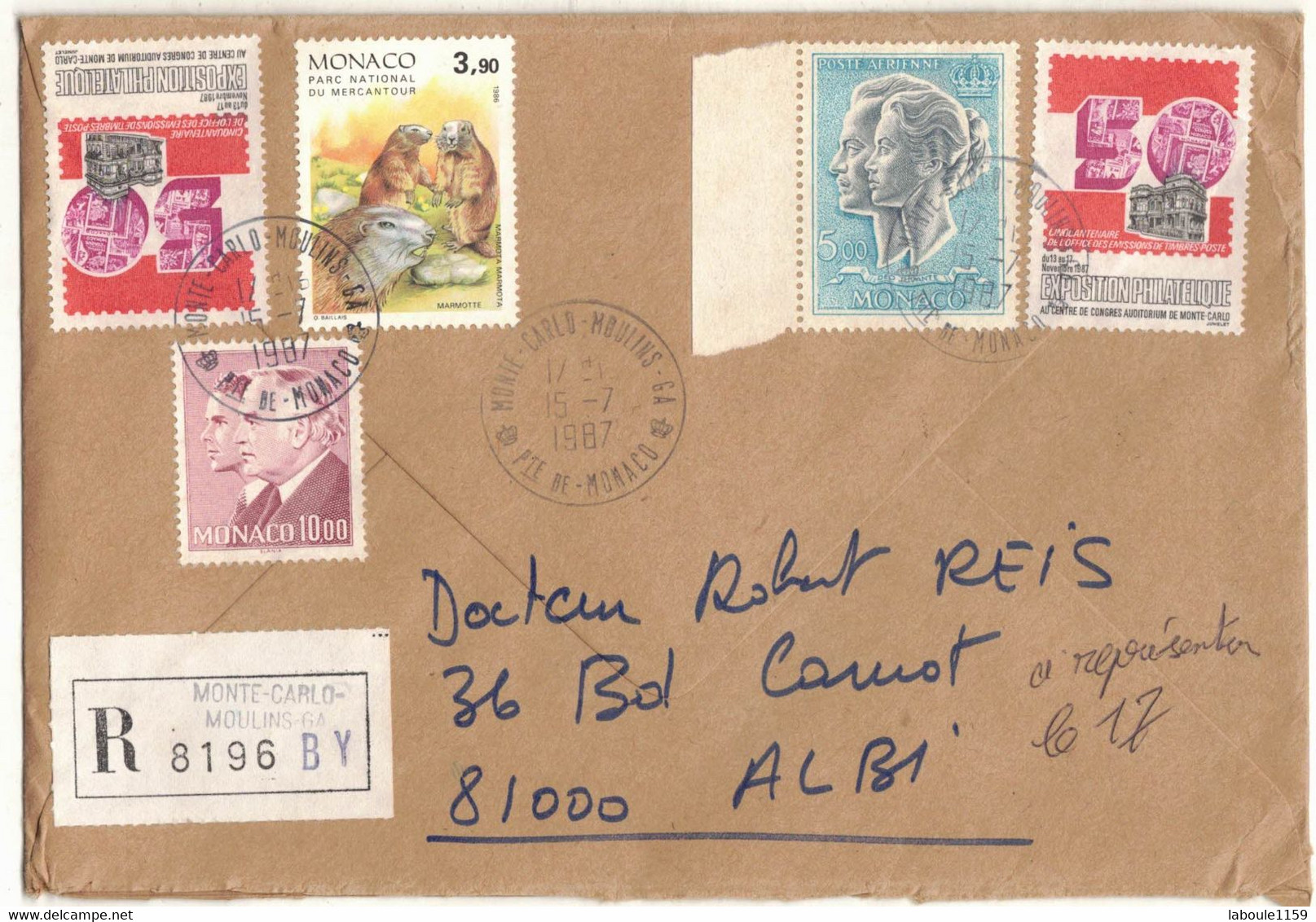 ENVELOPPE FRANCOIS BRYCH ET FILS RECOMMANDE MONTE CARLO MOULINS GA 8196 BY VERS ALBI TARN - Storia Postale