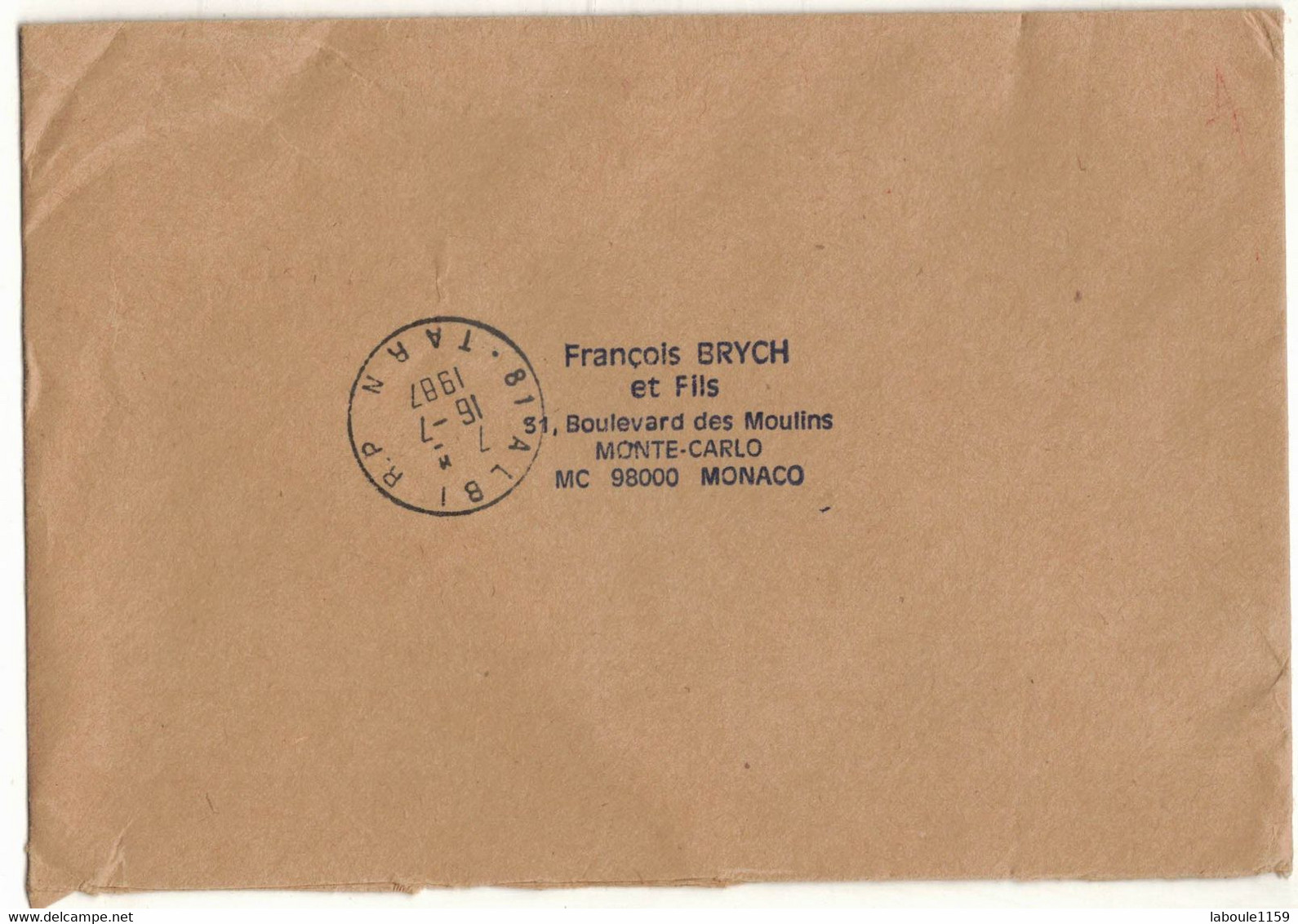 ENVELOPPE FRANCOIS BRYCH ET FILS RECOMMANDE MONTE CARLO MOULINS GA 8196 BY VERS ALBI TARN - Storia Postale