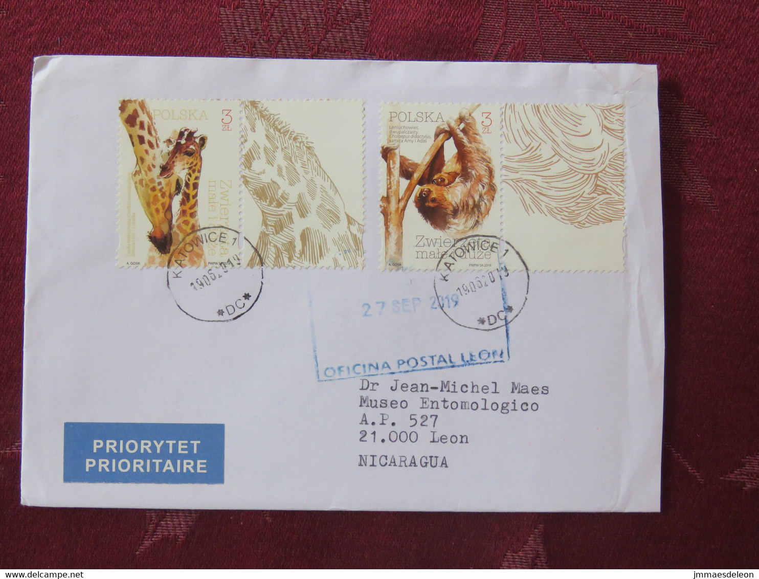 Poland 2019 Cover To Nicaragua - Animals Sloth Giraffe - Lettres & Documents