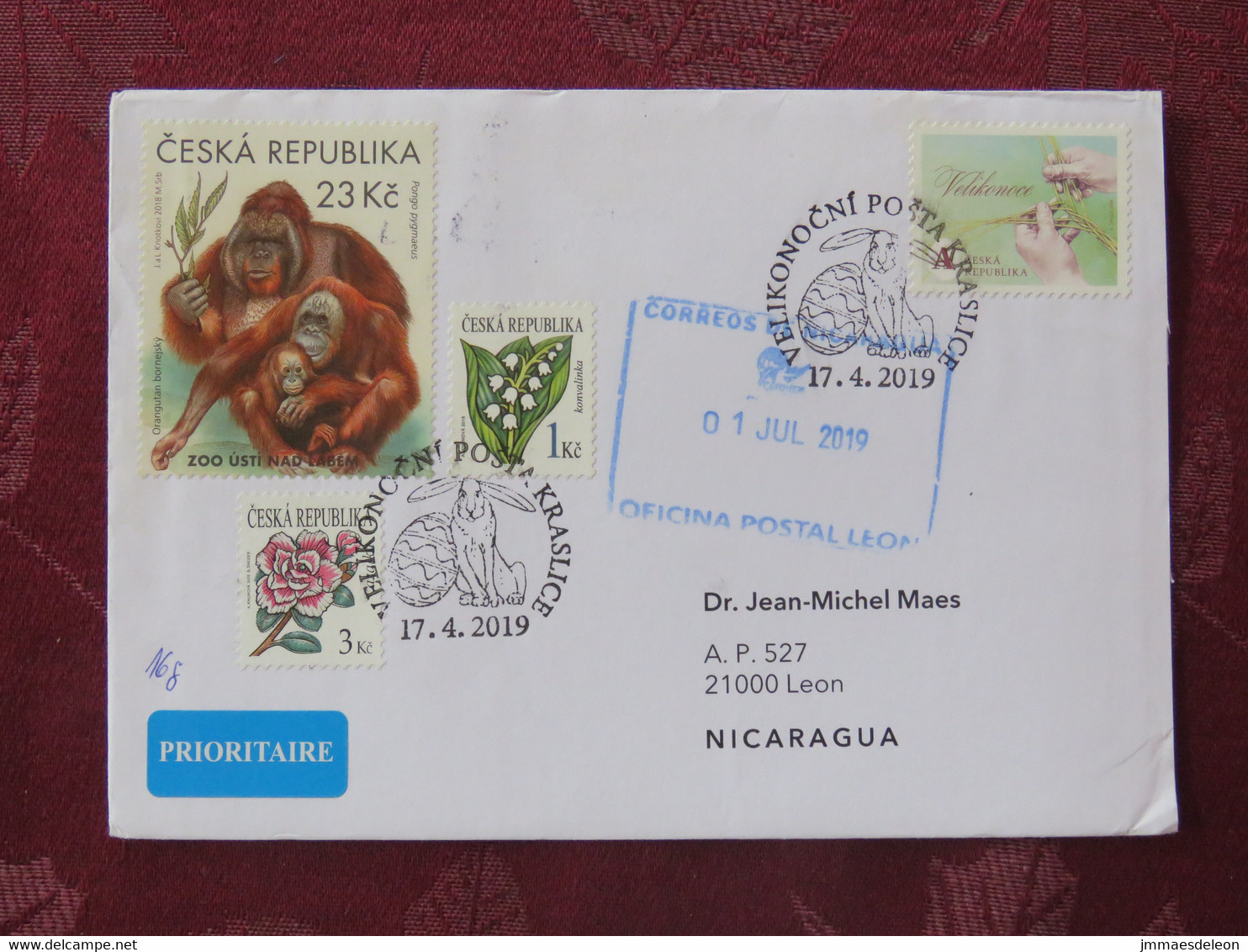 Czech Republic 2019 Special Cancel On Cover To Nicaragua - Flowers Handicraft - Ourang Outan Monkey - Storia Postale