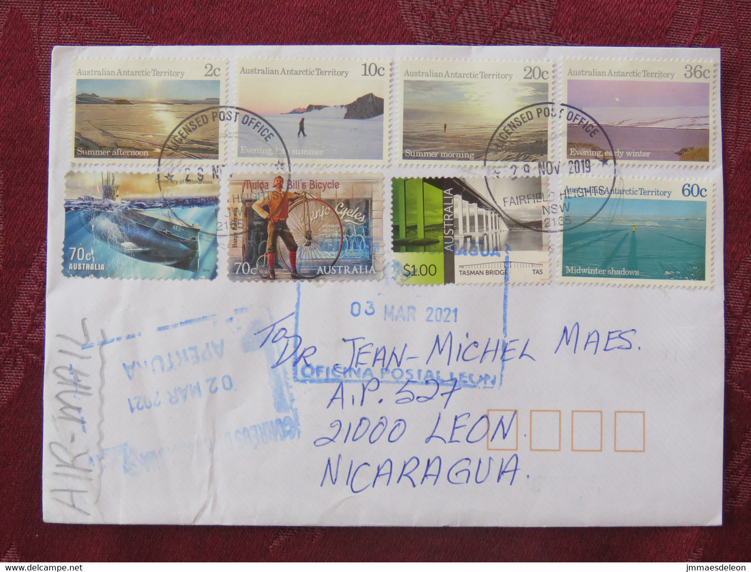 Australia (Antarctic Territory) 2019 2021 Cover To Nicaragua - Landscapes - Submarine - Bicycle - Bridge - Brieven En Documenten