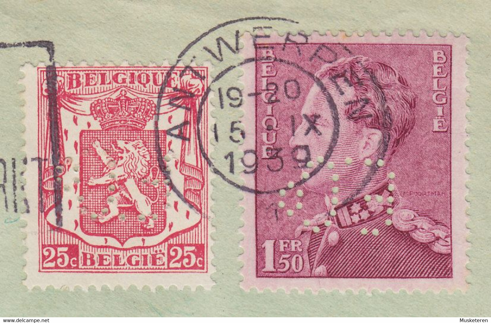 Belgium Perfin Perforé Lochung 'E.Co' Eiffe & Co., Flamme 'Brood Voedt En Versterkt' ANTWERPEN 1939 Cover Lettre Denmark - 1934-51