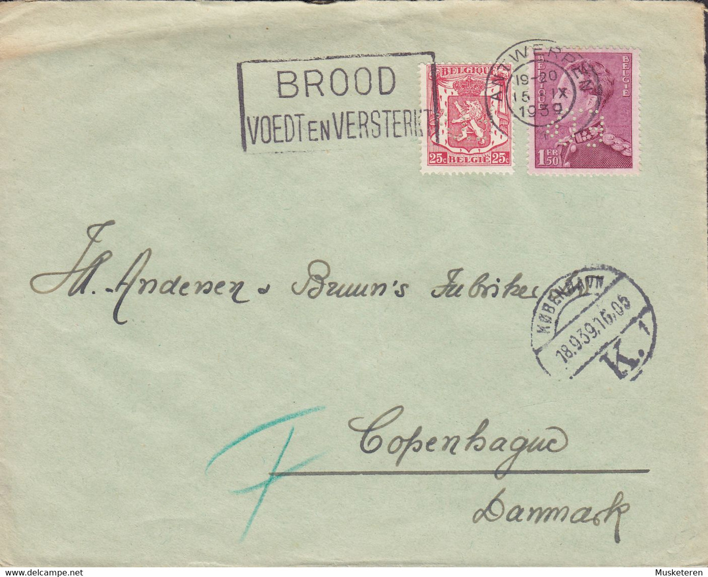 Belgium Perfin Perforé Lochung 'E.Co' Eiffe & Co., Flamme 'Brood Voedt En Versterkt' ANTWERPEN 1939 Cover Lettre Denmark - 1934-51