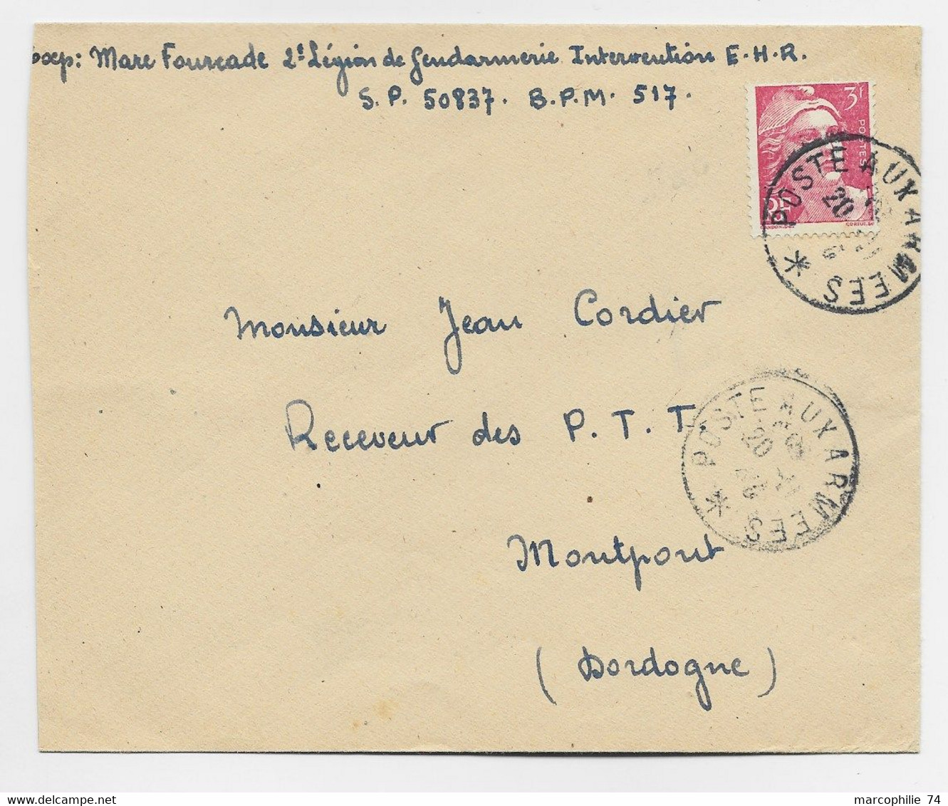 GANDON 3FR LETTRE POSTE AUX ARMEES 20.11.1946 LETTRE MENTION 2E LEGION GENDARMERIS INTERVENTIONS E.H.R. BPM 517 - Sellos Militares Desde 1900 (fuera De La Guerra)