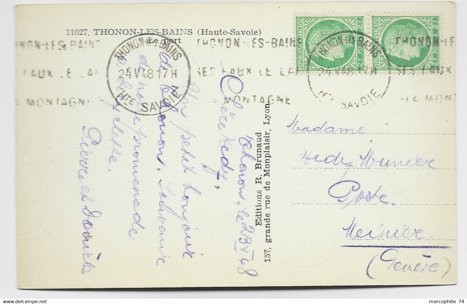 MAZELIN 2FR PAIRE CARTE THONON HAUTE SAVOIE 24.V.1948 POUR GENEVE TARIF ?? - 1945-47 Ceres (Mazelin)