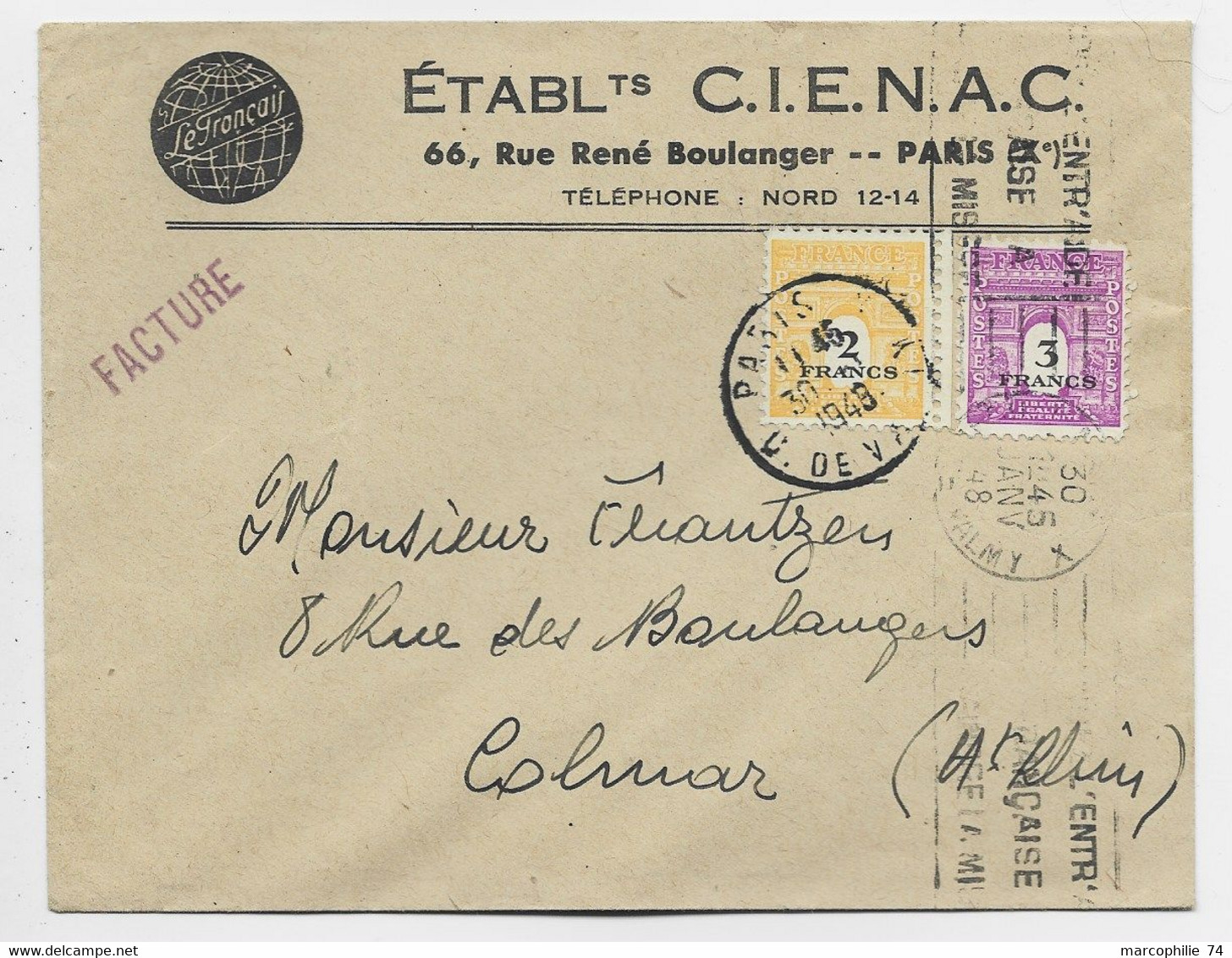 ARC TRIOMPHE 2FR+3FR  LETTRE COVER PARIS 30.1.1948 AU TARIF FACTURE - 1944-45 Arc Of Triomphe