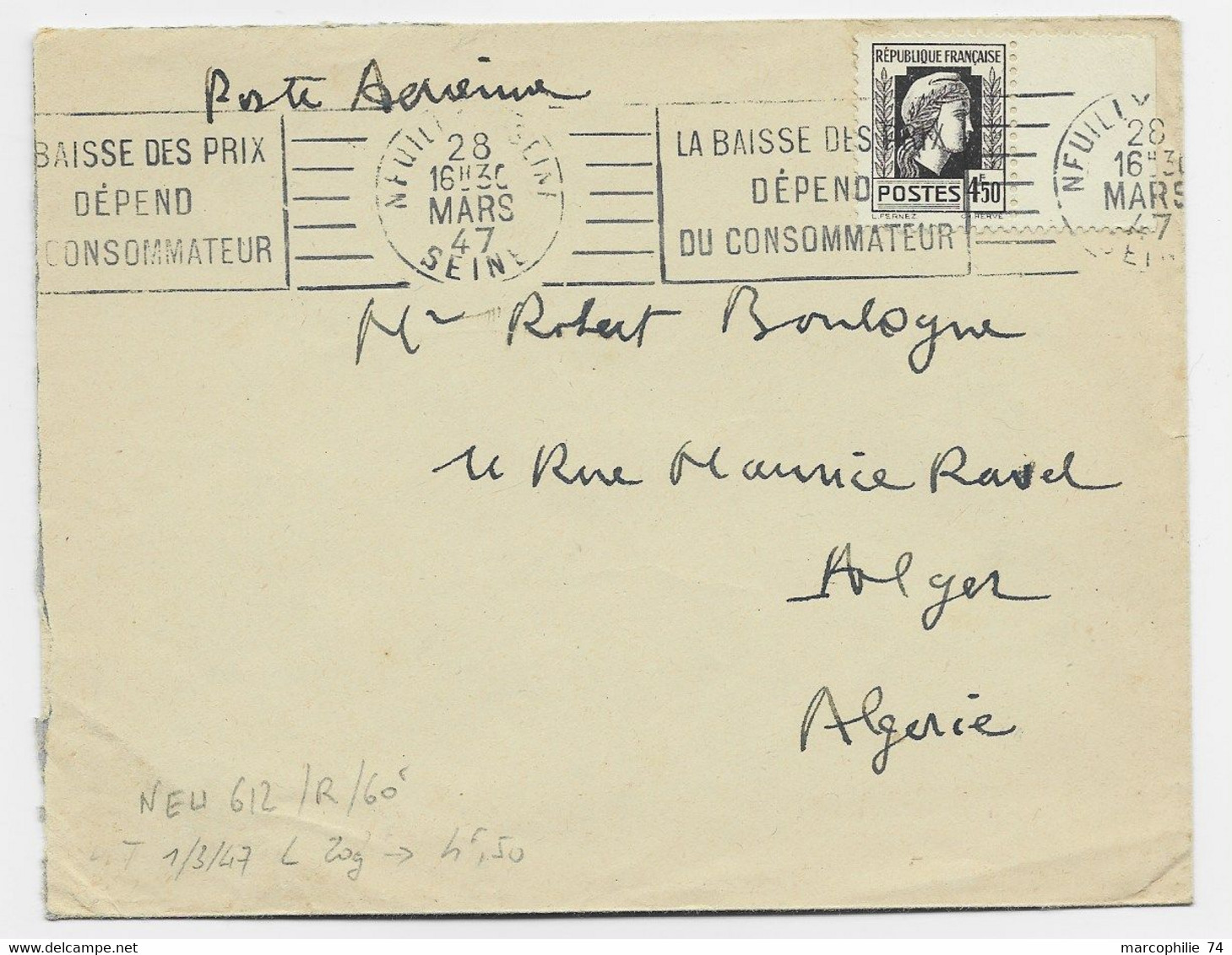 MARIANNE ALGER 4FR50 BDF SEUL LETTRE AVION NEUILLY  28 MARS 1947 POUR ALGERIE AU TARIF - 1944 Hahn Und Marianne D'Alger