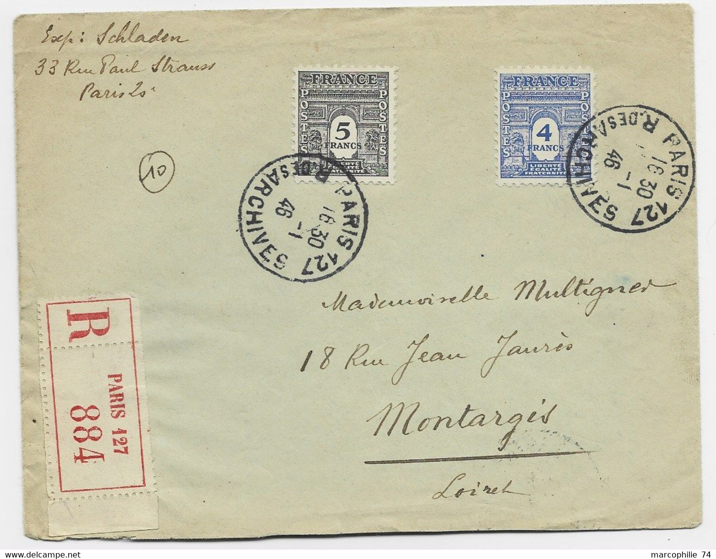 ARC TRIIOMPHE 5FR+4FR LETTRE REC PARIS 1946 AU TARIF  + VERSO VIGNETTE RENAITRE - 1944-45 Arc Of Triomphe