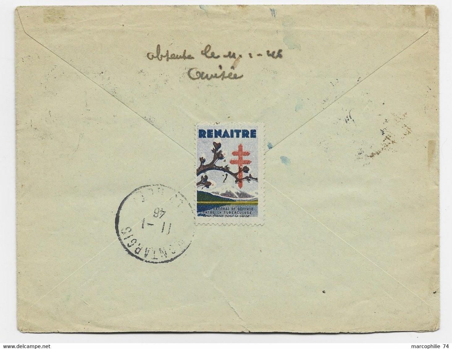 ARC TRIIOMPHE 5FR+4FR LETTRE REC PARIS 1946 AU TARIF  + VERSO VIGNETTE RENAITRE - 1944-45 Triumphbogen