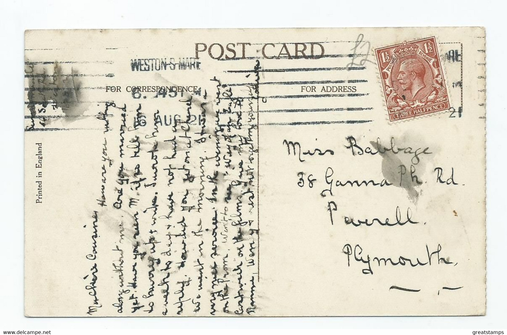 Somerset Postcard Weston -super - Mare Posted 1921 Machine Cancel - Cheddar