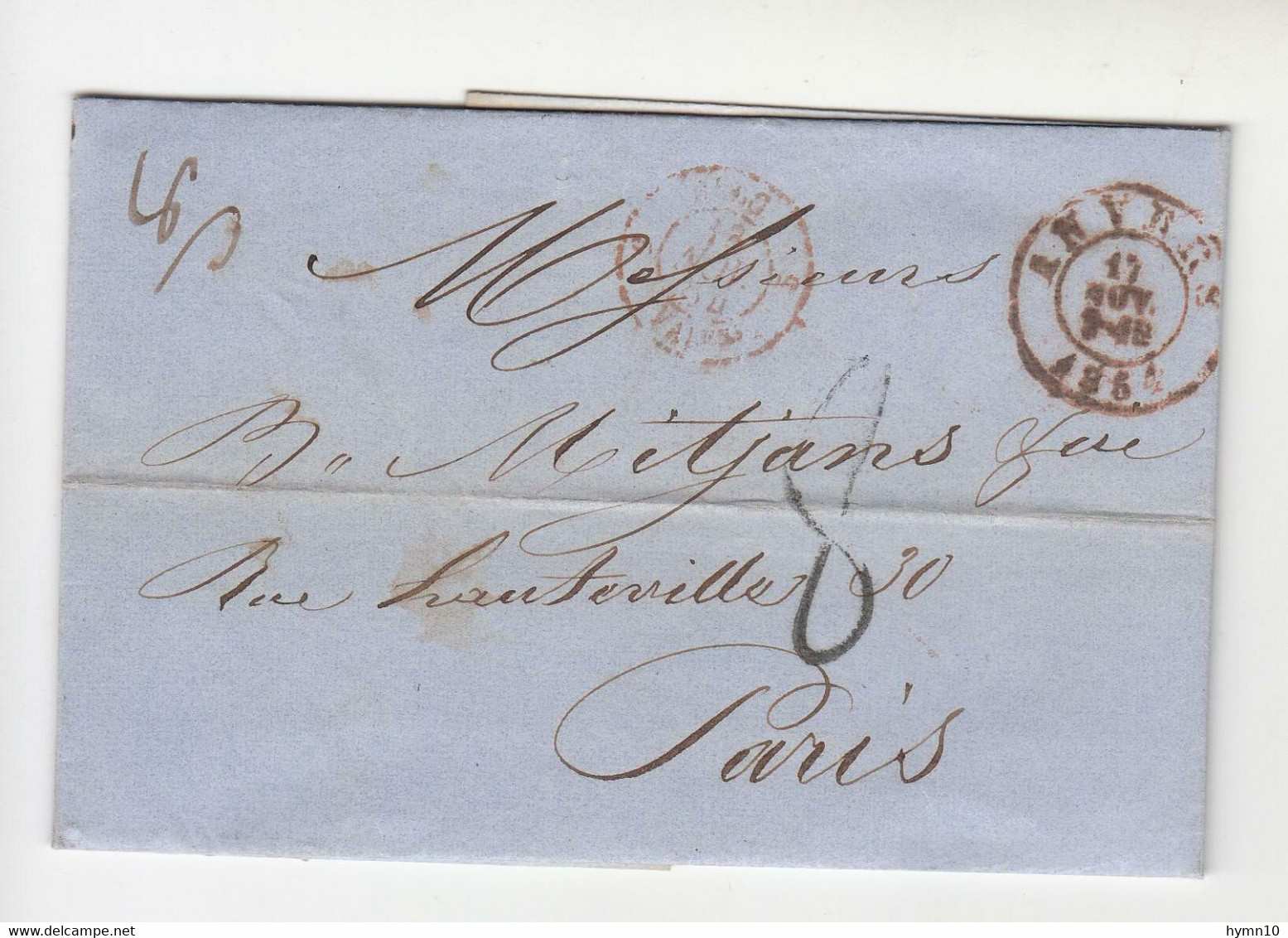 1854 INCOMING MAIL ANVERS-PARIS+Rouge ANCERS+ROUGE Transit-LL565 - 1849-1865 Medaillons (Varia)