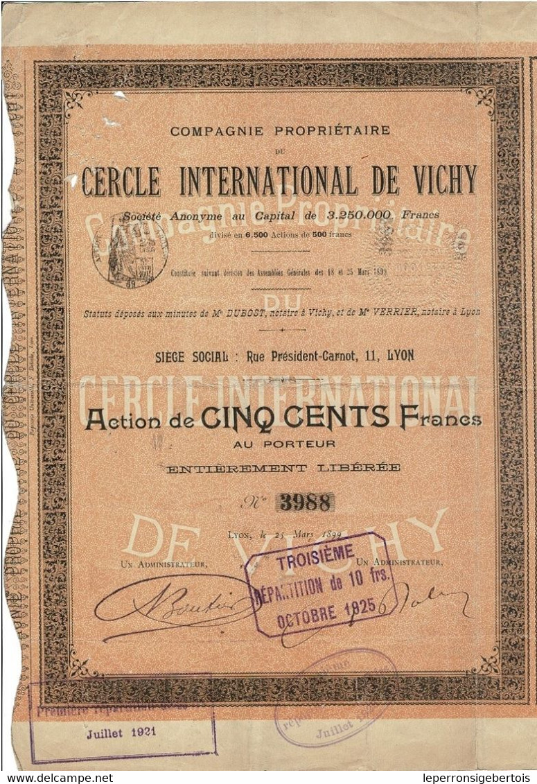 Titre De 1899 -  Compagnie Propriétaire Du Cercle International De Vichy - - Tourism