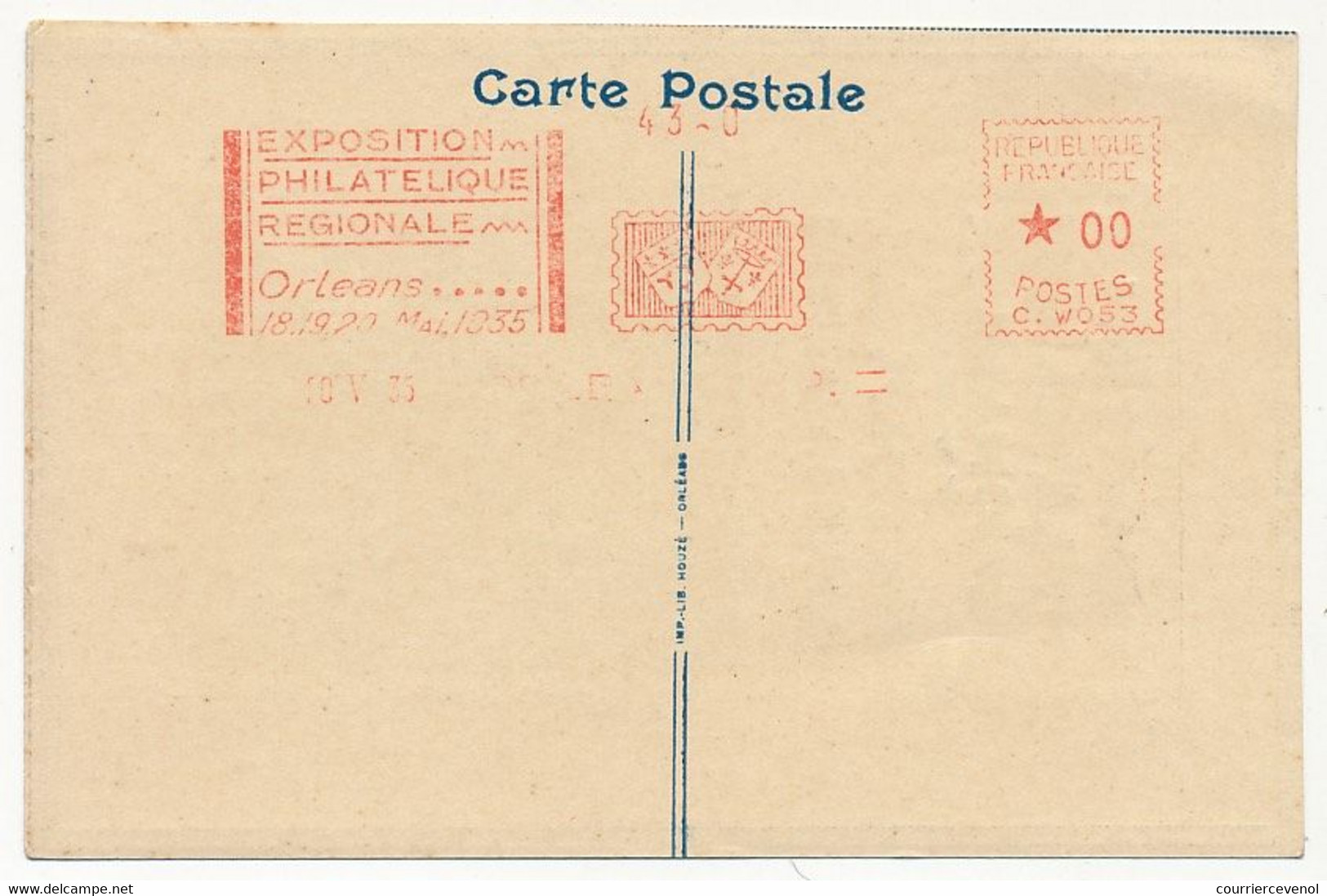 FRANCE - Carte Exposition Phil. Régionale Orléans Mai 1935 - Jeanne D'Arc - Essai Machine à Affranchir CW053 20/5/1935 - EMA (Empreintes Machines à Affranchir)