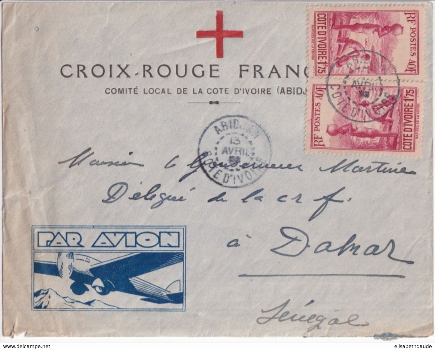 1939 ? - ENVELOPPE CROIX-ROUGE PAR AVION ! De ABIDJAN (COTE D'IVOIRE) ! => DAKAR (SENEGAL) ! - Lettres & Documents