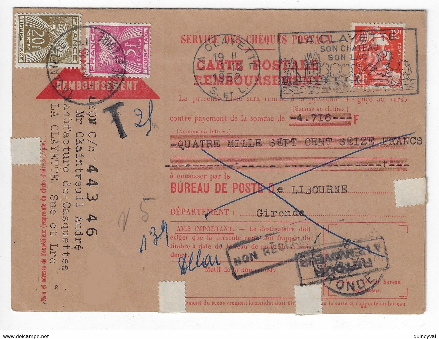 LA CLAYETTE Saône Loire Mandat Carte Contre Remboursement 12F Gandon Orange Retour Taxe 25 F Yv 885 T 75 77 Ob 1952 - 1859-1959 Covers & Documents